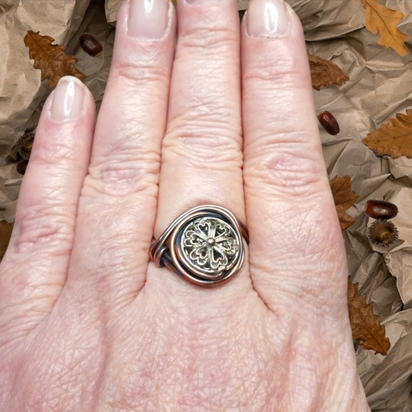 Artisan Copper Wire Wrap Ring with Silver Filigree Bead – Oxidized Finish - Picture 4 of 5